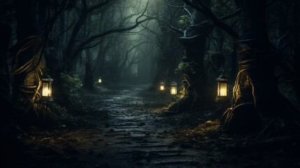 Dark forest path illuminated only by eerie lanterns - obrazy, fototapety, plakaty