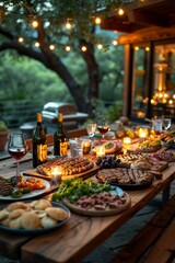 A beautifully set table for a holiday with wine and beautiful lighting. Evening festive dinner on the street near the house