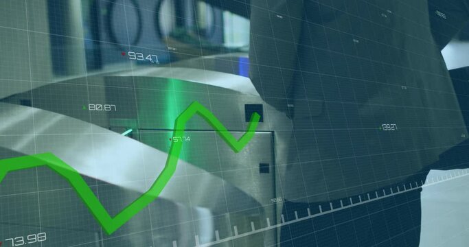 Animation of financial data processing over caucasian man using smartphone on ticket validator