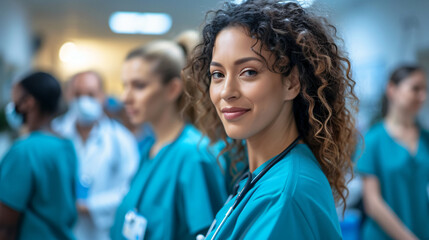A close-up of a female doctor wearing surgical scrubs