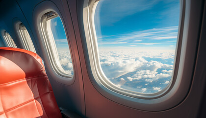 Flying high in a commercial airplane, looking through the window generated by AI