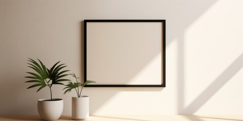 A black frame on a wall with a shadow