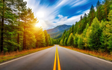 Fototapeta premium Exploring the Idyllic Landscape along the Asphalt Road, Where Emerald Forests Meet Expansive Blue Skies. Bask in the Golden Glow of Nature's Grandeur Through this Captivating Photography.