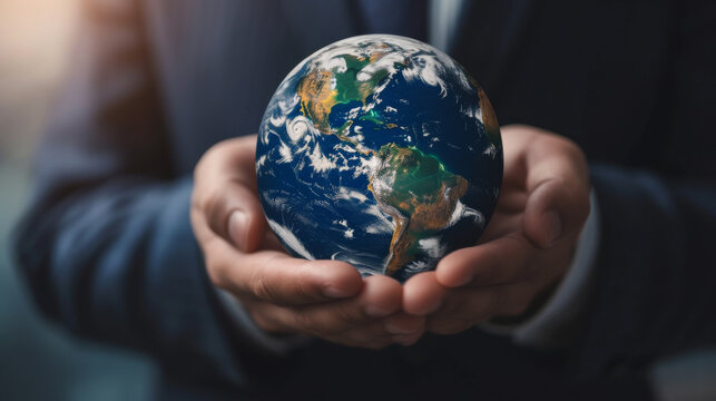 A conceptual image of a person in a suit holding a miniature Earth, symbolizing global responsibility and environmental stewardship. Global environmental conservation sustainable lifestyle concept.