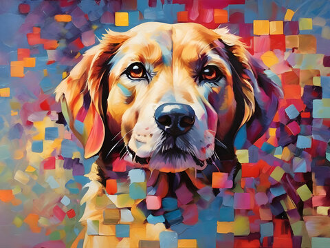 Dog painting with small squares of different bright colors inside no figure