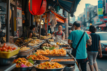 Street food market stand in an asian city selling diverse delicious asian food