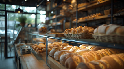 A bakery product display full of delicious buns and bread in a modern and cool bakery shop - obrazy, fototapety, plakaty