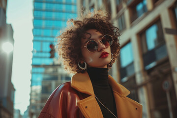 Portrait of a young cool beautiful female influencer with red sunglasses in urban metropolitan streets in raw photo style