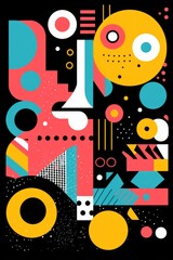 A Black poster featuring various abstract design elements, in the style of pop art