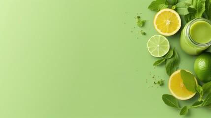 Detox juices on a soft green background. Top view background with space for text - obrazy, fototapety, plakaty