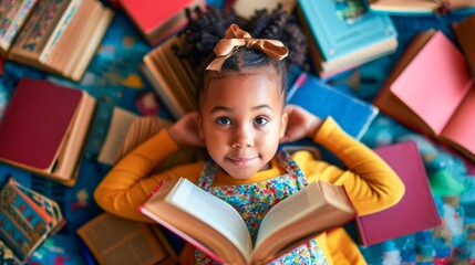 a smiling girl laying on top of many books,  in a library with a bookshelf background , horizontal background, copy space for text, world book day