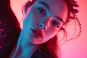 Fototapeta na wymiar Studio photoshoot of young beautiful woman in pink and blue neon lighting
