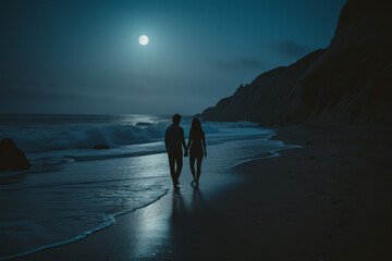 A happy couple strolling at the beach shore at night with the moon romantically shining with blue colors - obrazy, fototapety, plakaty