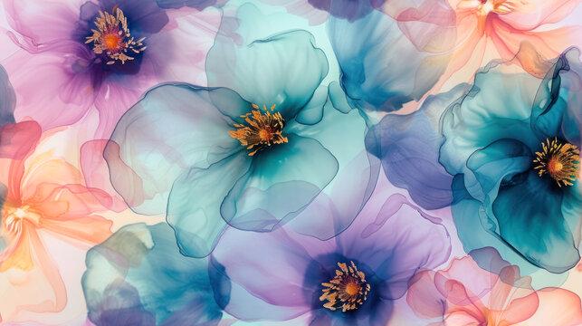 pastel floral elegance in alcohol ink with vibrant blue and pink tones, for spring vibe 