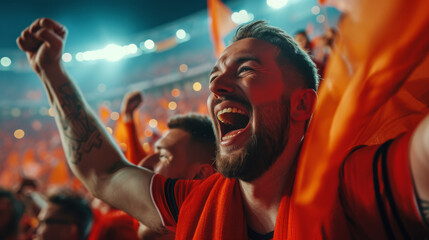 Male sport fan cheering for his favourite sports team in stadium - obrazy, fototapety, plakaty