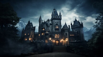 Obraz premium Hauntingly beautiful castle with ghostly apparitions in the windows