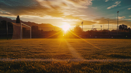 Empty football soccer field at sunset 