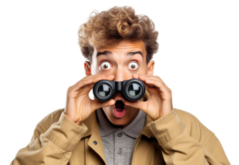 Surprised guy looking through binoculars, cut out