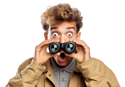 Surprised guy looking through binoculars, cut out