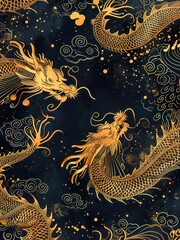 Golden Chinese dragons on black background.