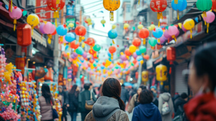 People celebrating lunar new year in asian city streets with lots of lanterns