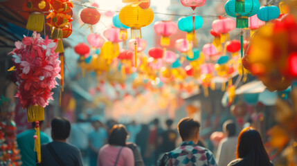 People celebrating lunar new year in asian city streets with lots of lanterns

