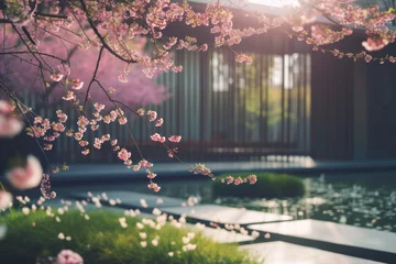 Foto auf Leinwand Serene sakura blossoms in garden of modern building with beautiful exterior  © JJ1990