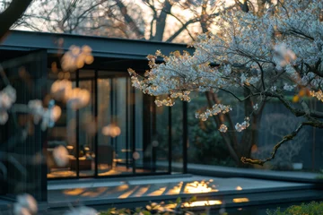 Zelfklevend Fotobehang Serene sakura blossoms in garden of modern building with beautiful exterior  © JJ1990