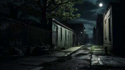 Fototapeta na wymiar Moonlit alleyway with flickering streetlights and ominous shadows