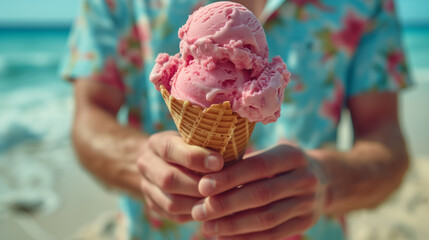Pink ice cream in a waffle raschka in hand on the background of a beautiful sea beach in the summer heat
