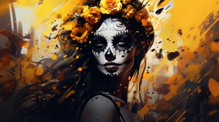 Day of the Dead illustration with sugar skull girl in decorative flower wreath. Neural network AI generated art