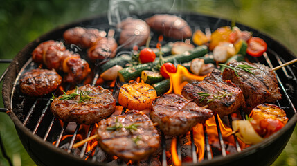 grilled meat and vegetables is cooking on open fire, imparting a smoky flavor and distinctive char marks. Concept of with outdoor cooking, barbecues.