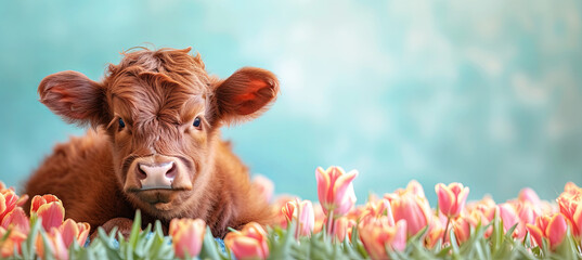 banner of little cute highland cow on tulips and blue sky  background.  Scottish breed of rustic cattle. springtime 