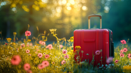modern suitcase on the flowering background. concept of spring holidays  - obrazy, fototapety, plakaty