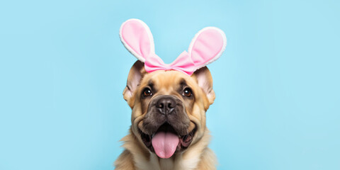 Obraz premium Dog wearing Easter bunny ears in fornt of light blue background