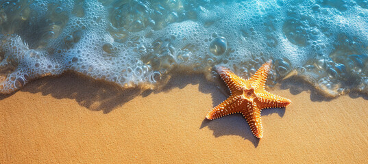 Fototapeta na wymiar starfish on the ocean background, concept of summer holiday