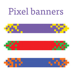 Vibrant Collection of Pixel Colored Banners on a White Background: Vector Illustrations Ideal for Livening Up Your Design with a Retro Touch and Modern Taste, Created for Maximum Attention Attraction