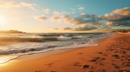 Fototapeta na wymiar Seashore during golden hour, bathed in warm sunlight