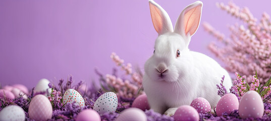 white rabbit with easter eggs and flowers  on the light purple background, holiday time - obrazy, fototapety, plakaty