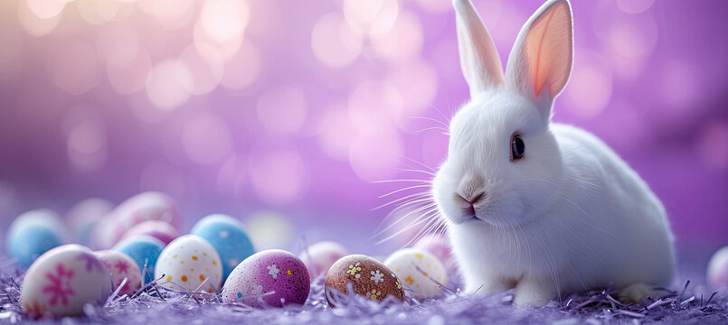 white rabbit with easter eggs on the purple bokeh background