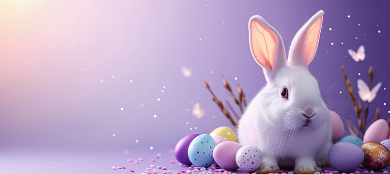 white rabbit with easter eggs on the purple background, light pastel color, copy space for text 