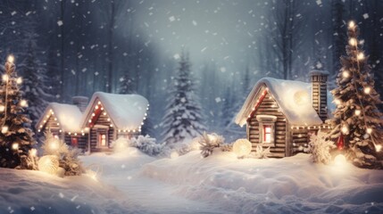 Snowy scene with twinkling lights and festive decorations