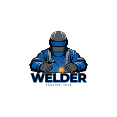 Welder working with weld helmet in badge design style