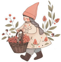 A whimsical PNG illustration of a girl gnome carrying a basket full of berries, rendered in soft, muted pastel colors for a gentle, magical vibe.

