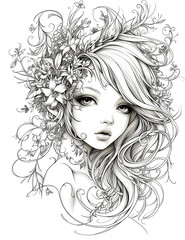 portrait of a beautiful girl surrounded by flowers. black and white illustration for coloring book.