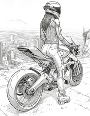 Fototapeta na wymiar Biker on a motorcycle. Traveling through future cities. A girl on a motorcycle wearing a helmet. Illustration for coloring book
