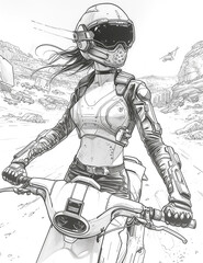 Obraz na płótnie Canvas cyberpunk girl on futuristic motorbike. anistress coloring page