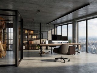 Contemporary concrete office interior with city view, daylight, furniture and equipment. 3D Rendering

