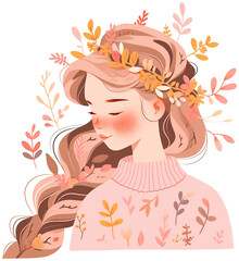 A PNG illustration of a girl wearing an autumn-colored sweater, her hair braided, surrounded by spring leaves, all rendered in muted pastel colors.
