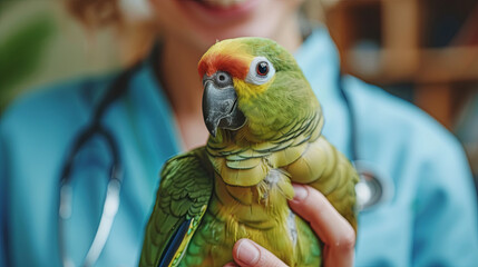 An ornithologist holds a parrot in his hands, pet care concept, Veterinary Clinic